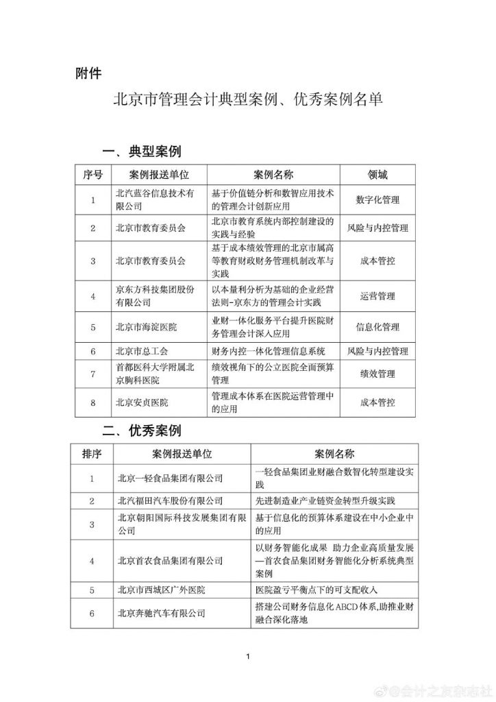北京市财政局公布管理会计优秀案例