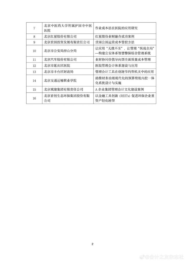 北京市财政局公布管理会计优秀案例